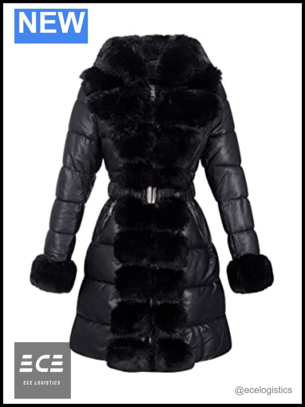 RISISSIDA Women Faux Leather Quilted Puffer Coat Hooded Faux Fur Trim Winter